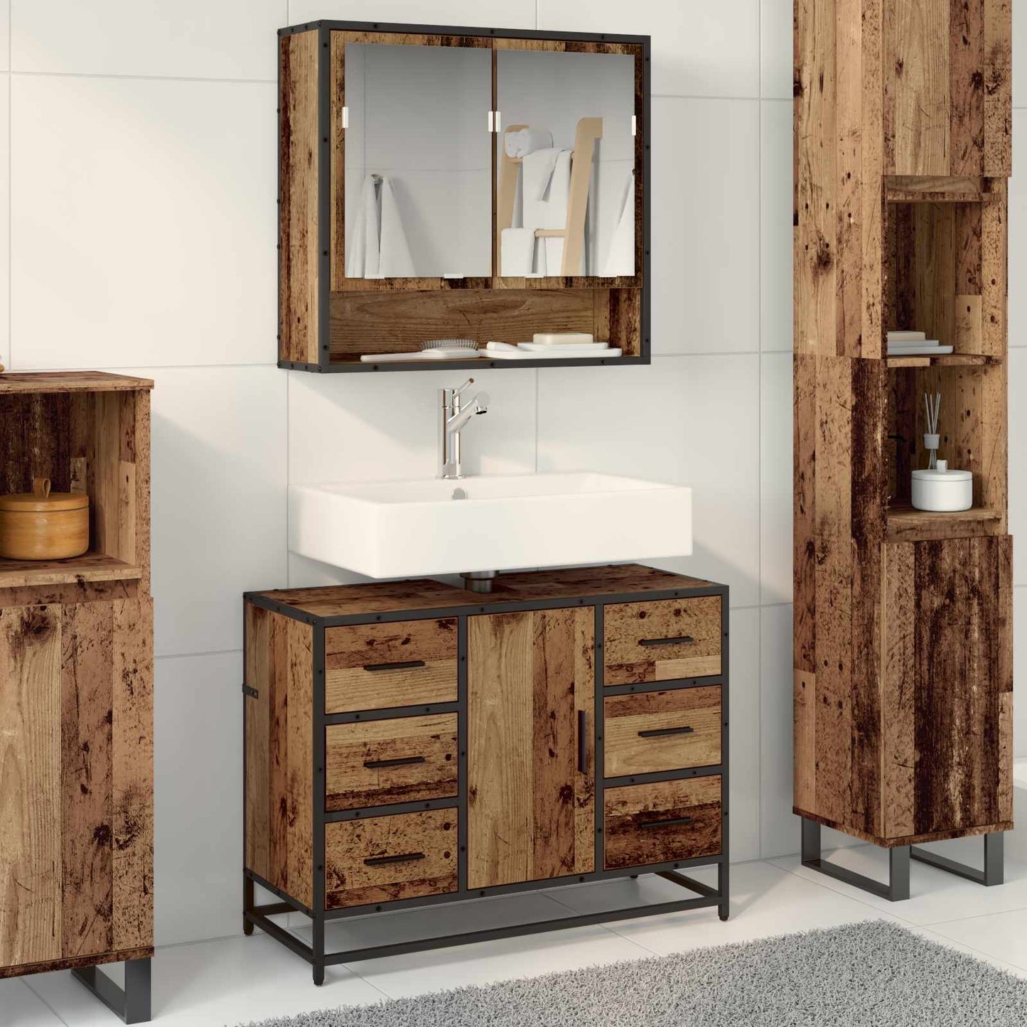 Bathroom Furniture Set with Door 2 pcs Old Wood Engineered Wood