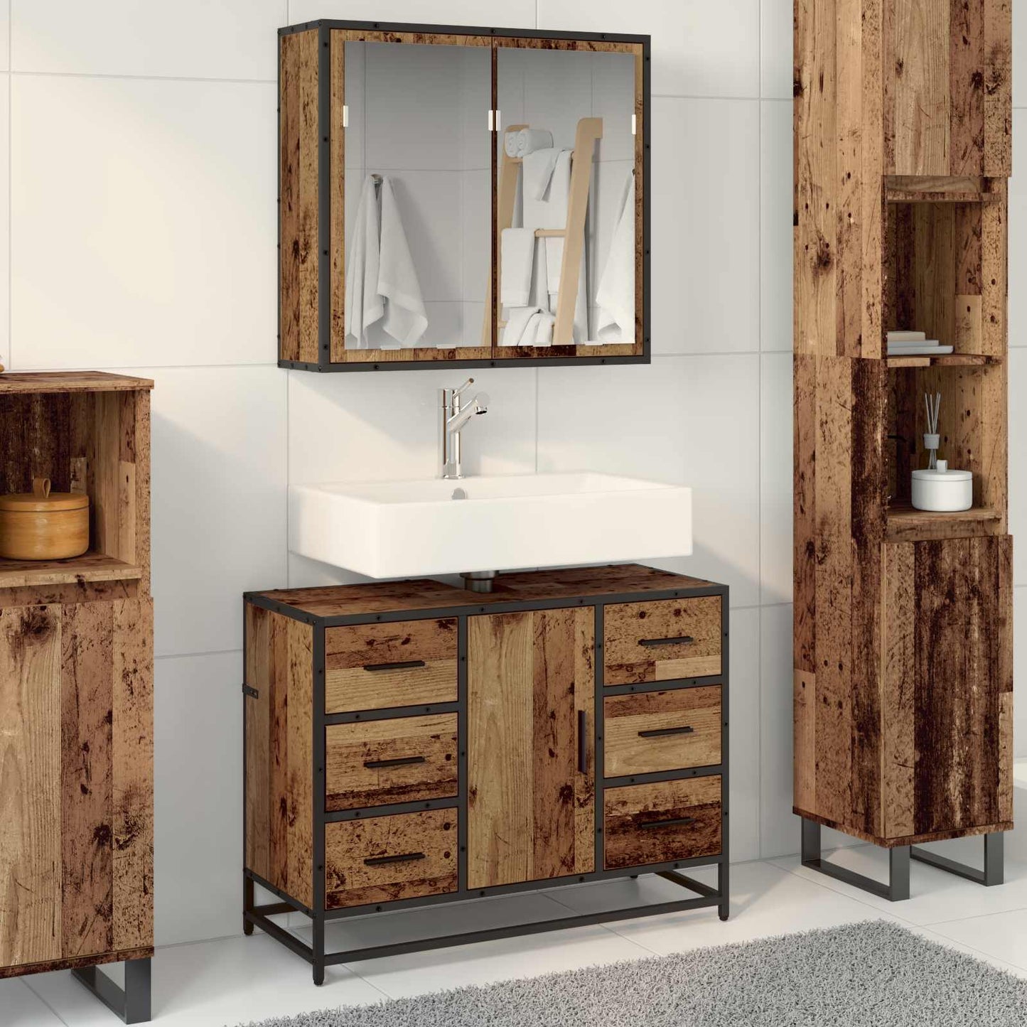 Bathroom Furniture Set with Door 2 pcs Old Wood Engineered Wood