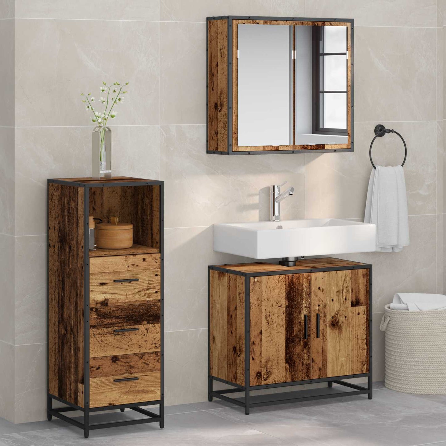 Bathroom Furniture Set with Door 3 pcs Old Wood Engineered Wood