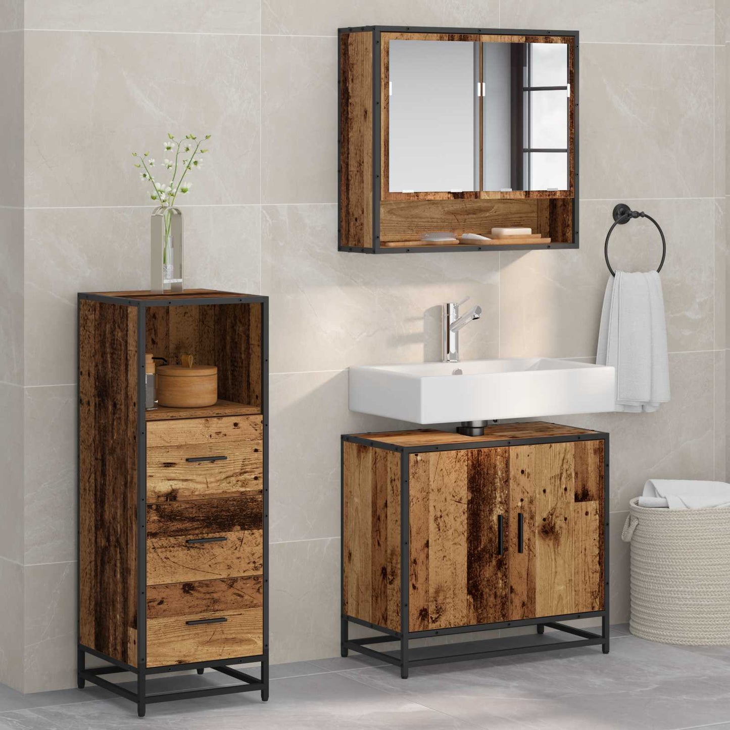 Bathroom Furniture Set with Door 3 pcs Old Wood Engineered Wood