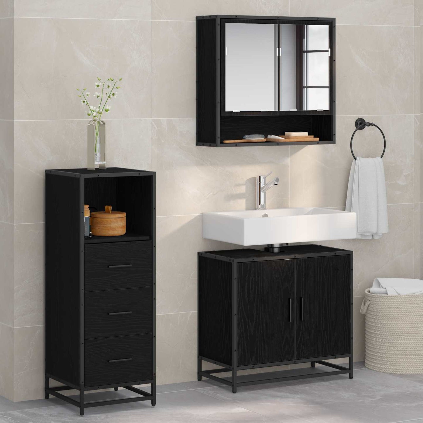 Bathroom Furniture Set 3 pcs Black Oak Engineered Wood