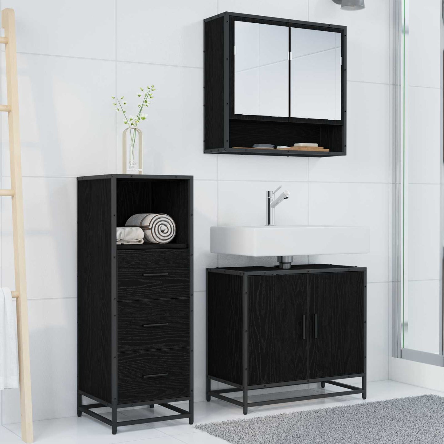 Bathroom Furniture Set 3 pcs Black Oak Engineered Wood