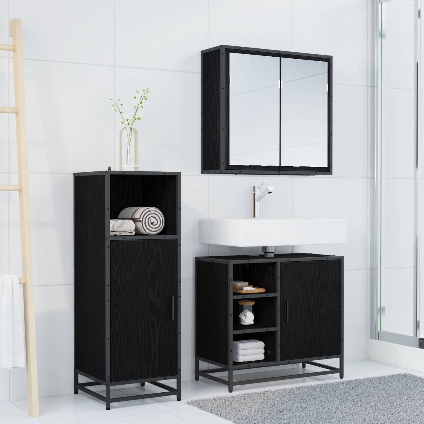 Bathroom Furniture Set 3 pcs Black Oak Engineered Wood