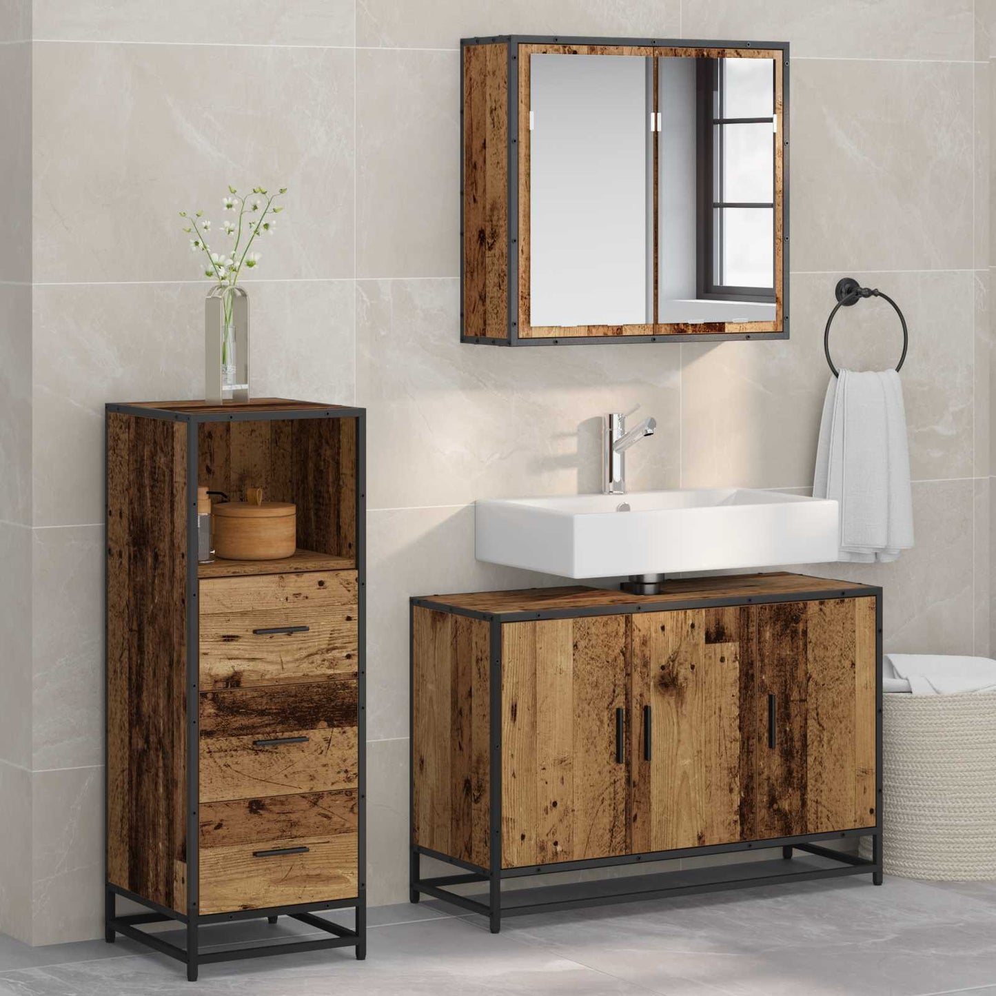 Bathroom Furniture Set with Door 3 pcs Old Wood Engineered Wood