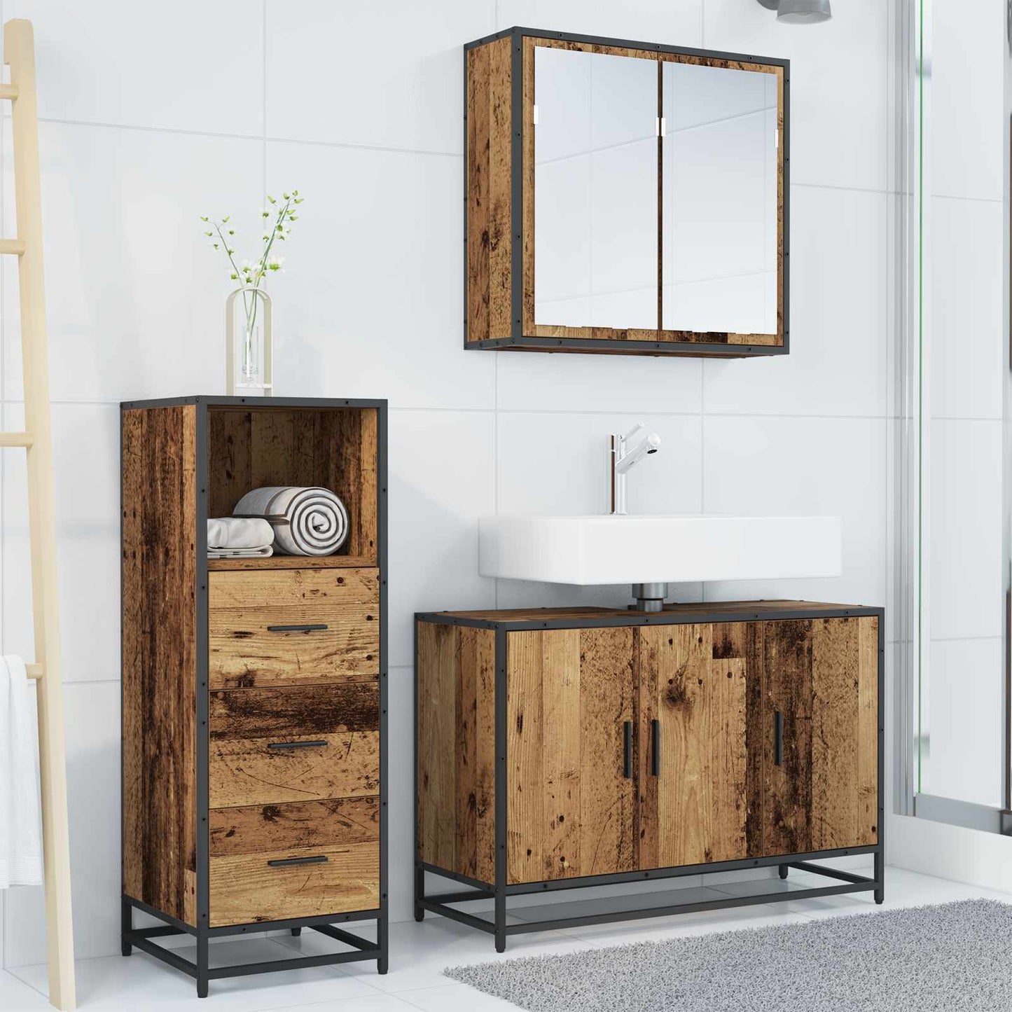 Bathroom Furniture Set with Door 3 pcs Old Wood Engineered Wood