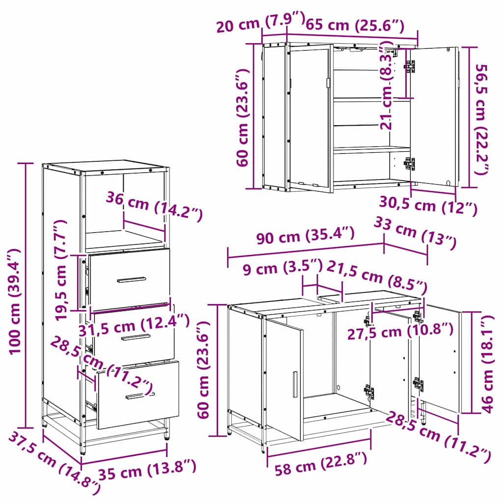 Bathroom Furniture Set 3 pcs Black Oak Engineered Wood