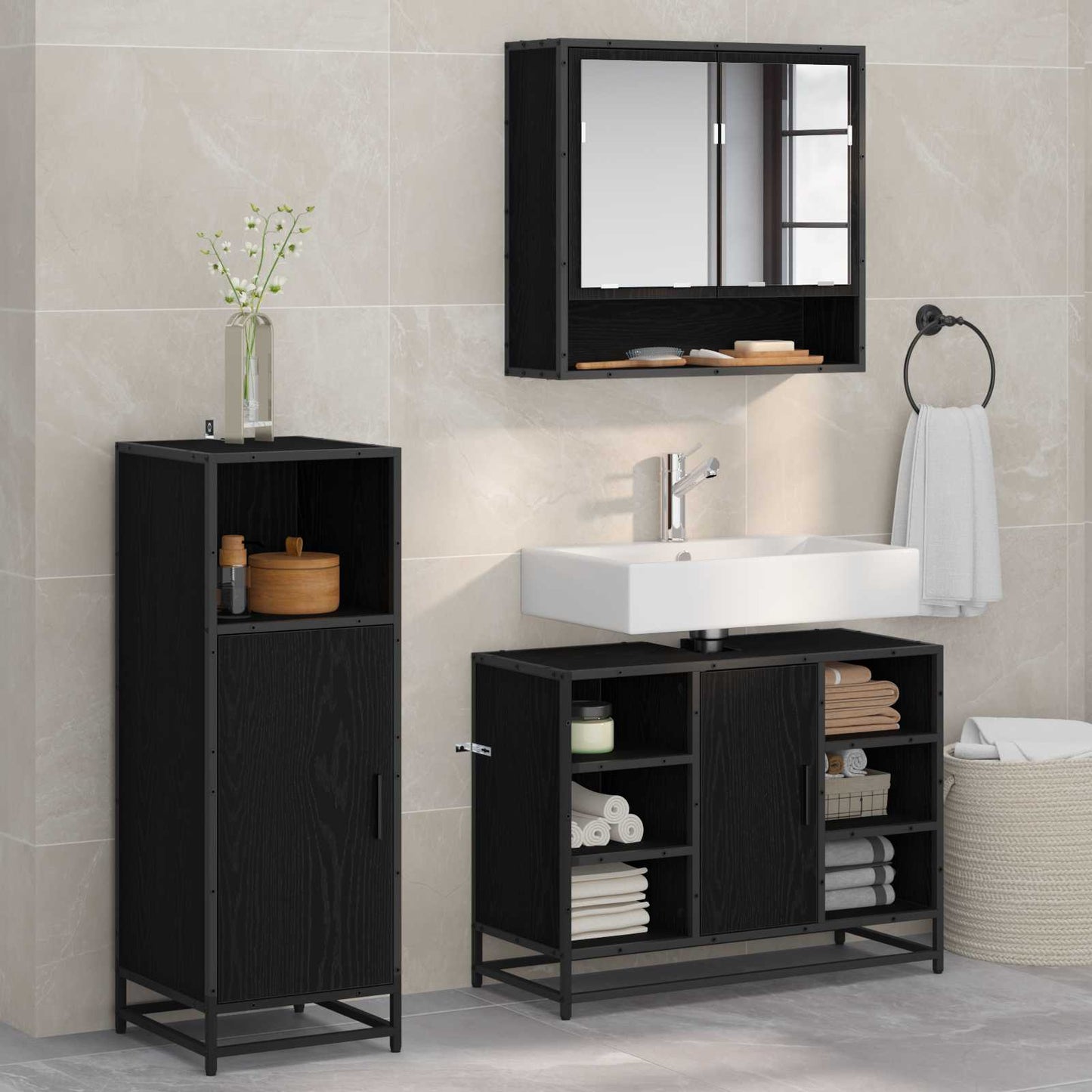 Bathroom Furniture Set 3 pcs Black Oak Engineered Wood