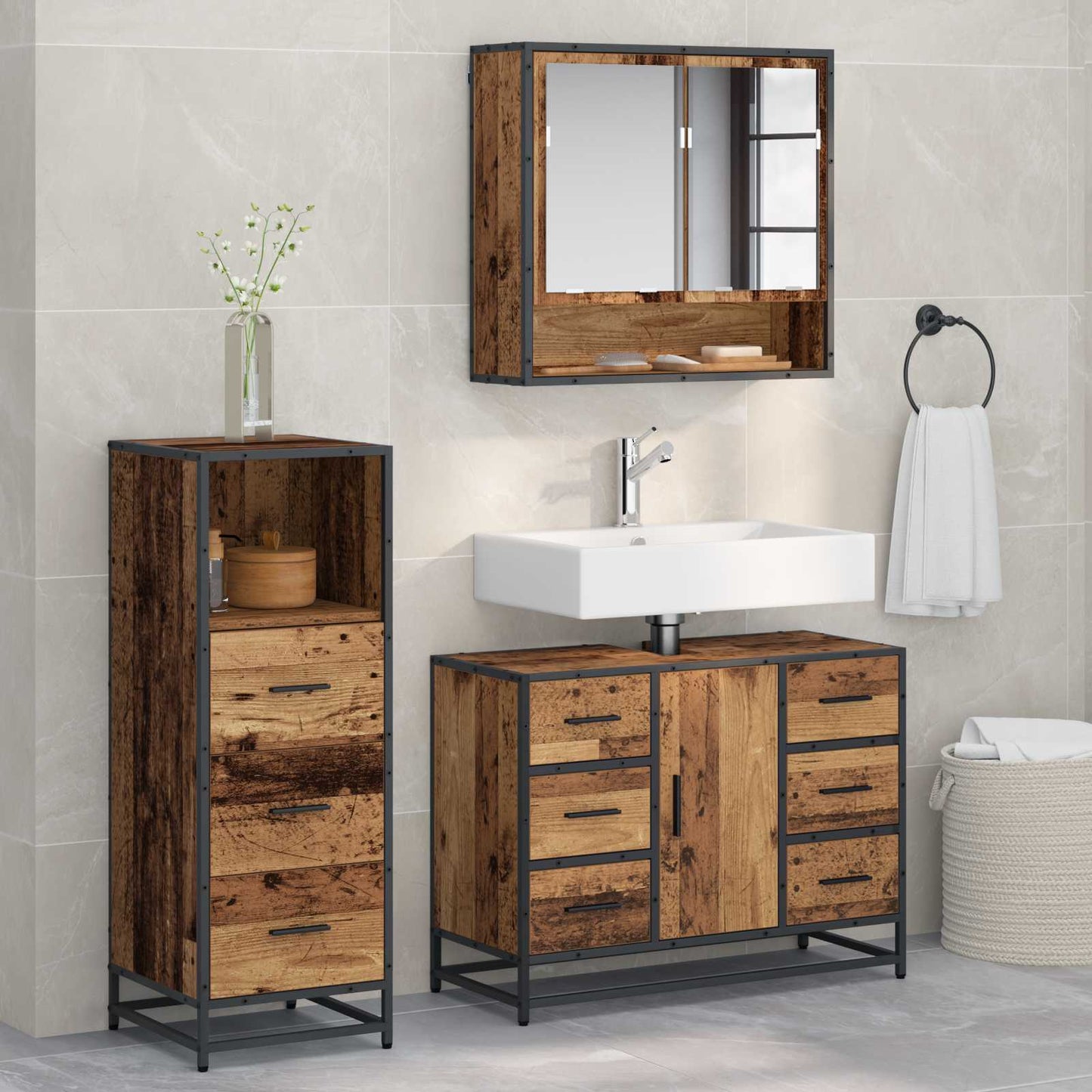Bathroom Furniture Set with Door 3 pcs Old Wood Engineered Wood