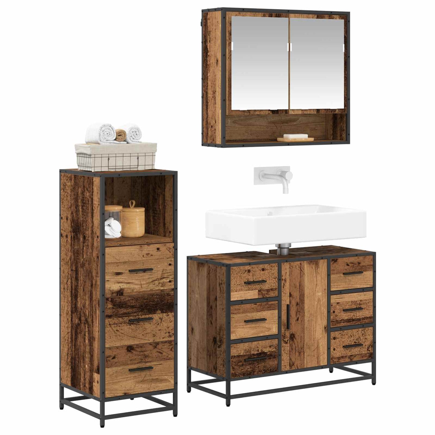 Bathroom Furniture Set with Door 3 pcs Old Wood Engineered Wood