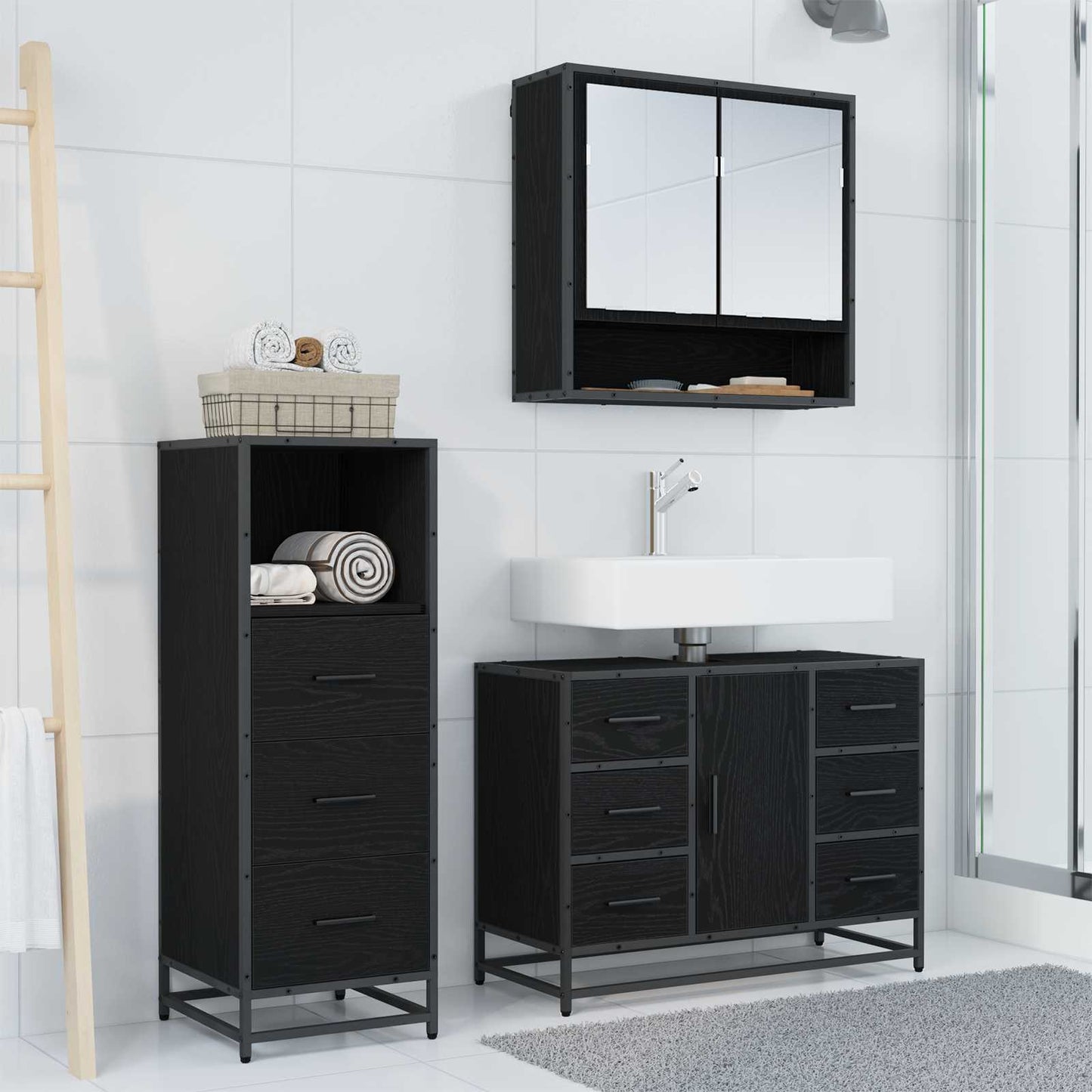 Bathroom Furniture Set 3 pcs Black Oak Engineered Wood