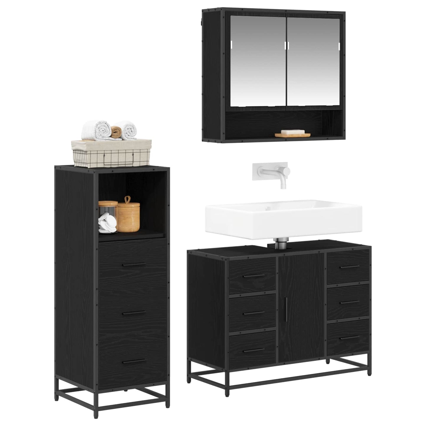 Bathroom Furniture Set 3 pcs Black Oak Engineered Wood