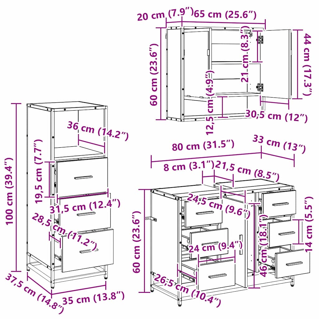Bathroom Furniture Set 3 pcs Black Oak Engineered Wood