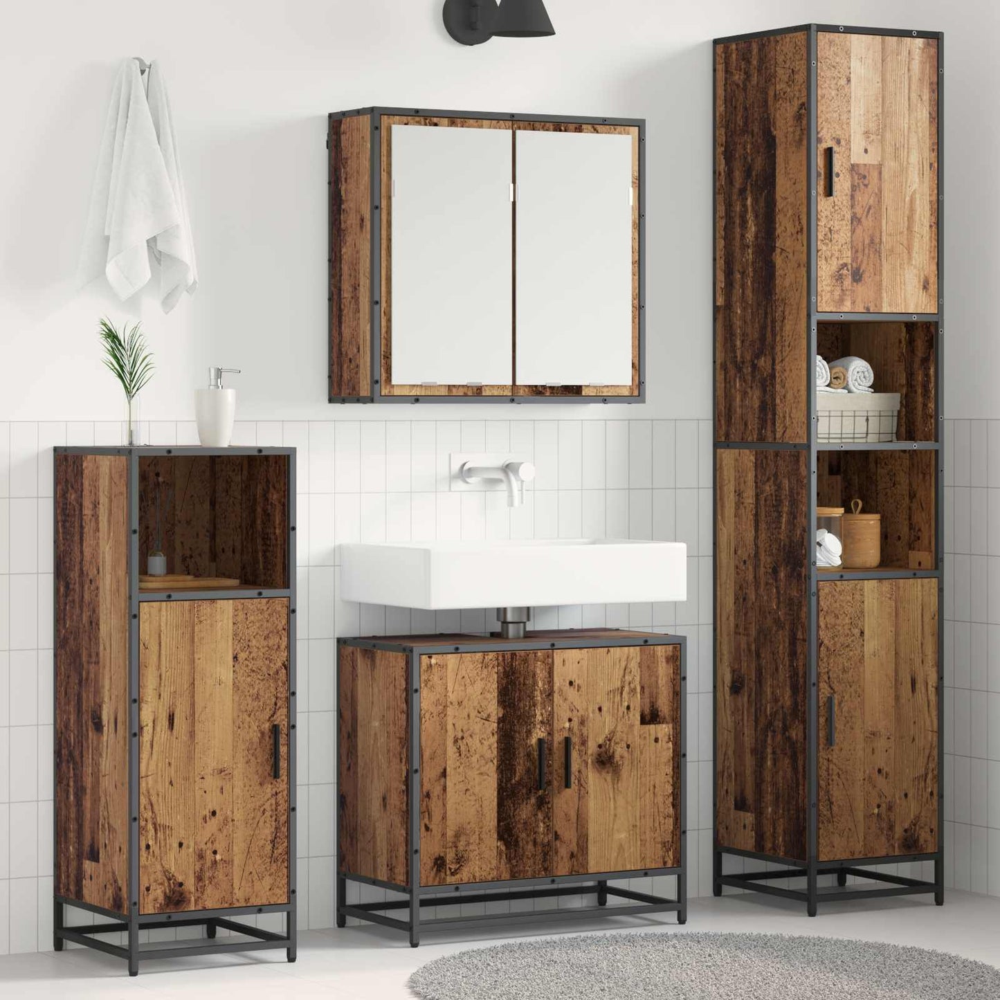 Bathroom Furniture Set with Door 3 pcs Old Wood Engineered Wood