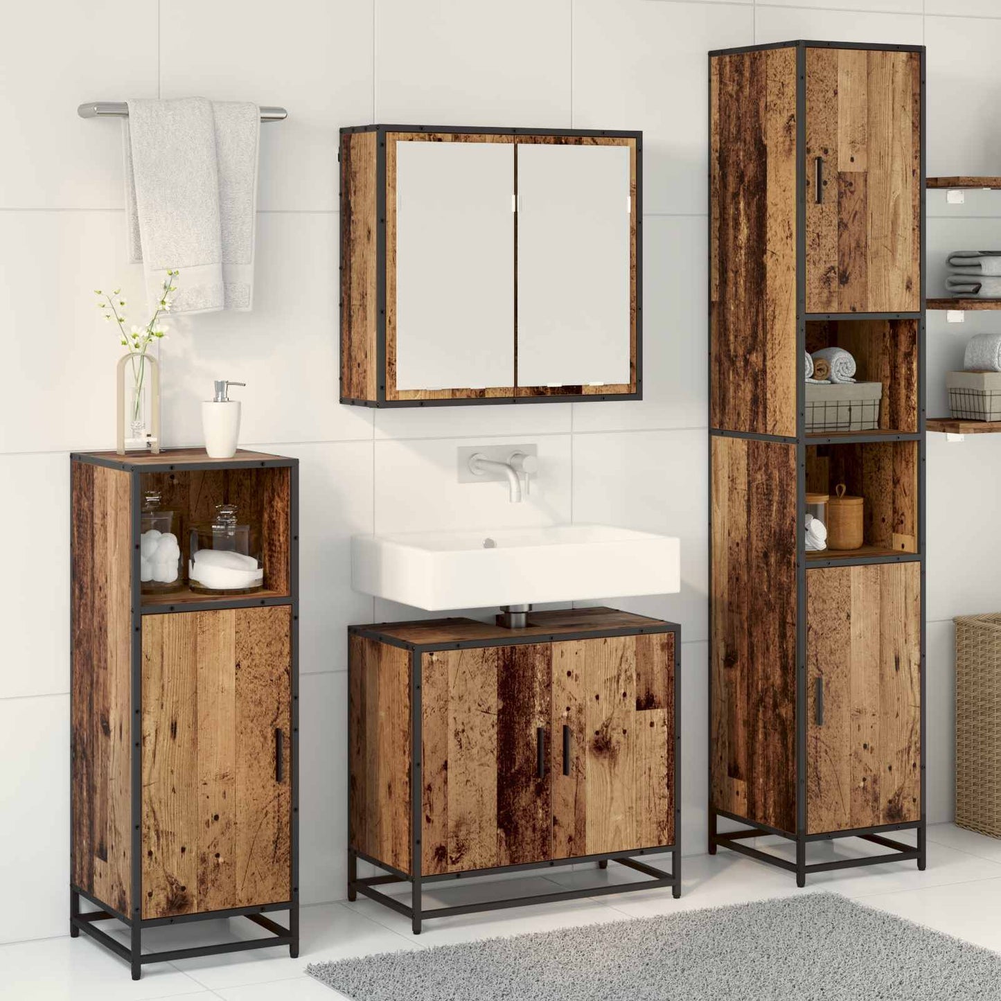 Bathroom Furniture Set with Door 3 pcs Old Wood Engineered Wood