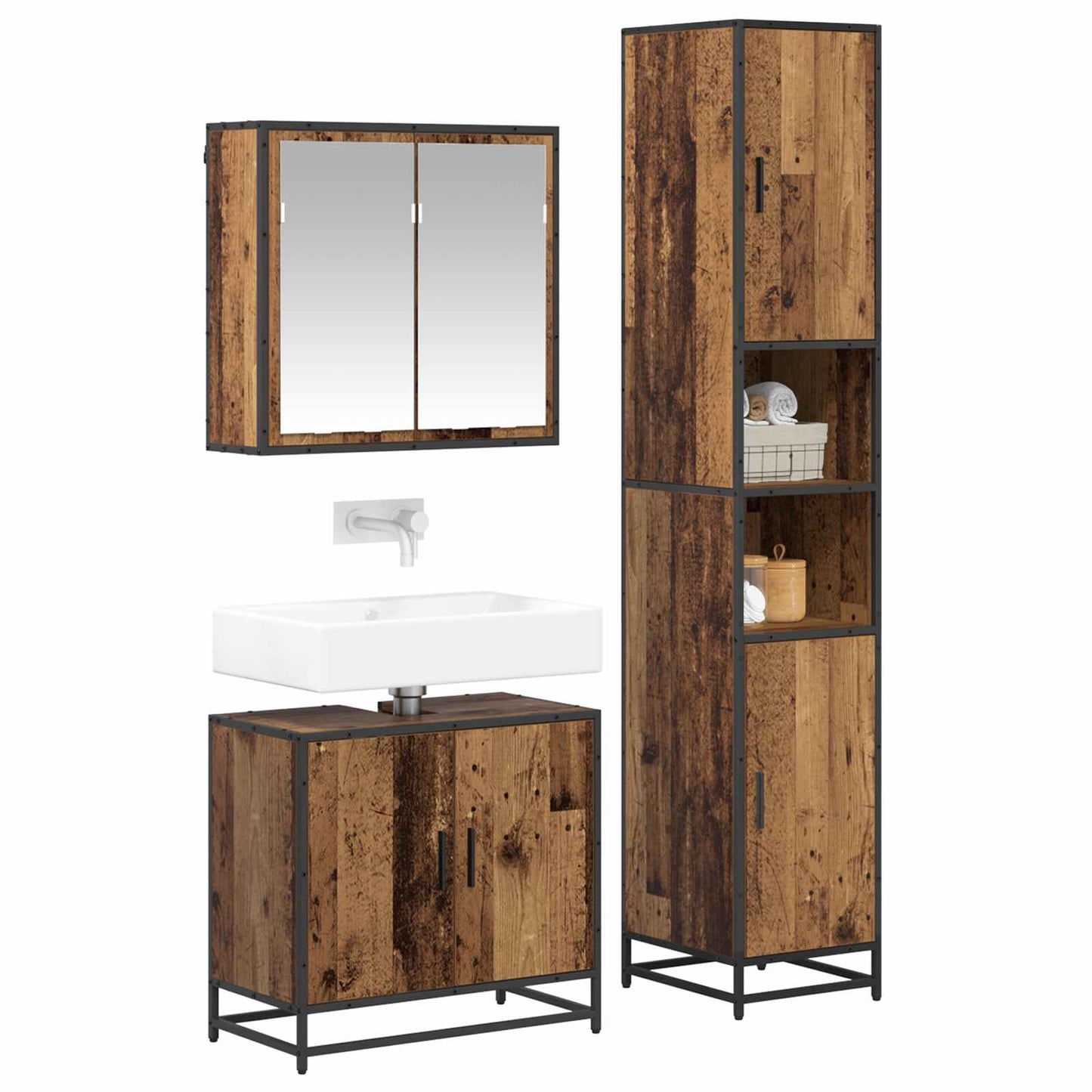 Bathroom Furniture Set with Door 3 pcs Old Wood Engineered Wood