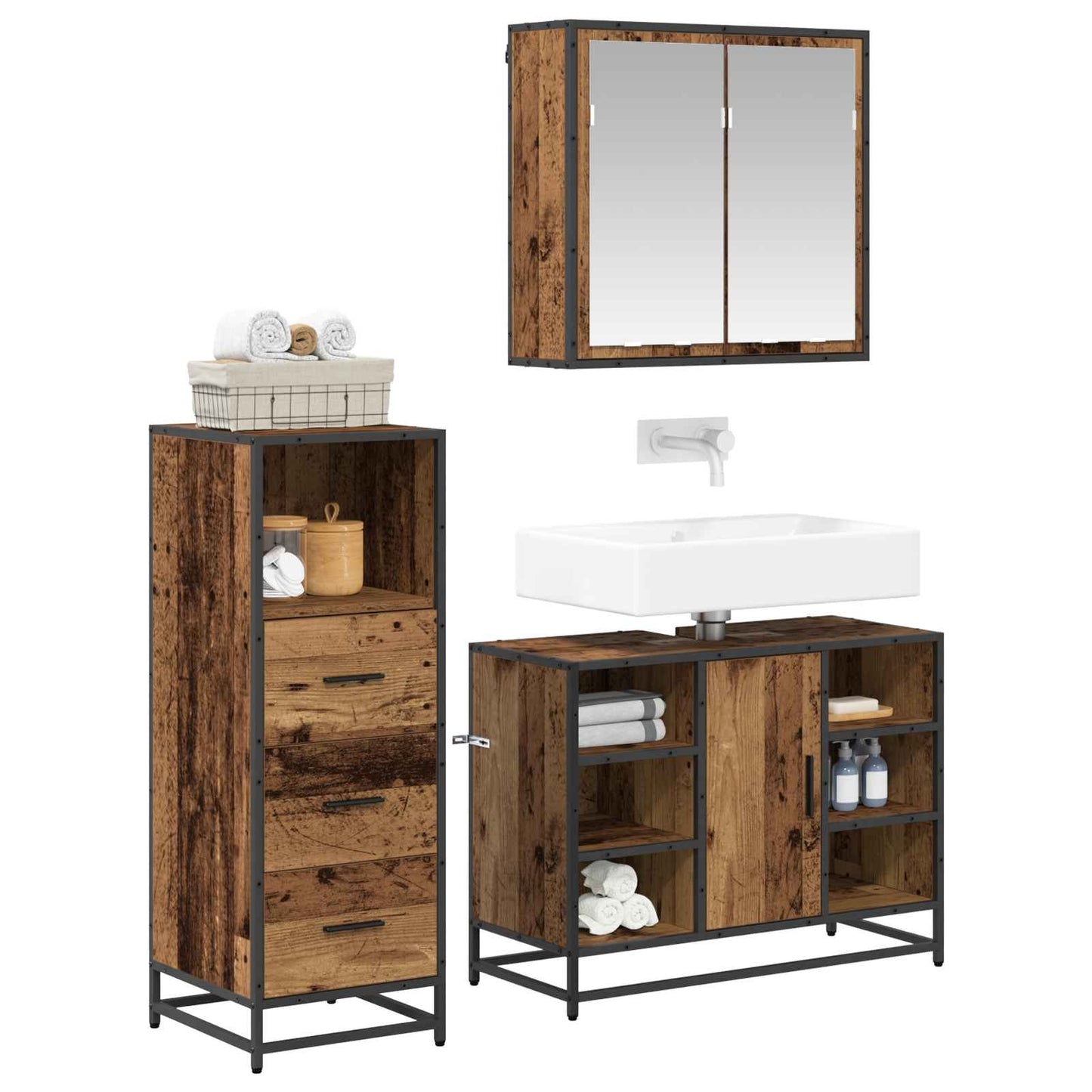 Bathroom Furniture Set with Door 3 pcs Old Wood Engineered Wood
