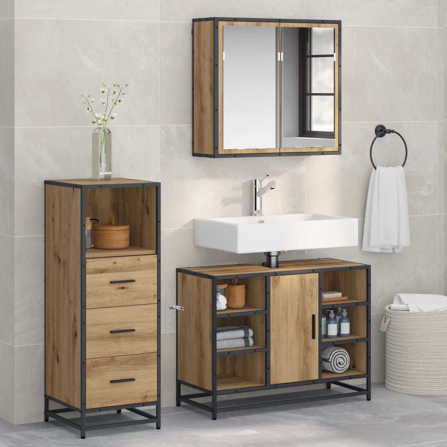 Bathroom Furniture Set 3 pcs Artisan Oak Engineered Wood