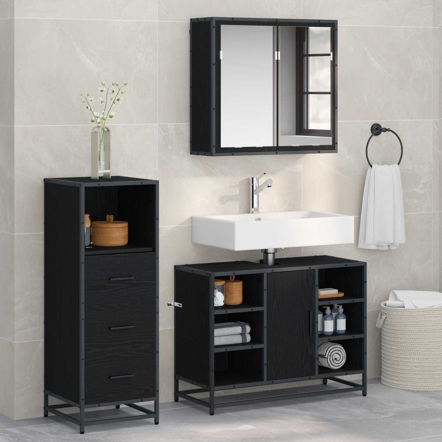 Bathroom Furniture Set 3 pcs Black Oak Engineered Wood