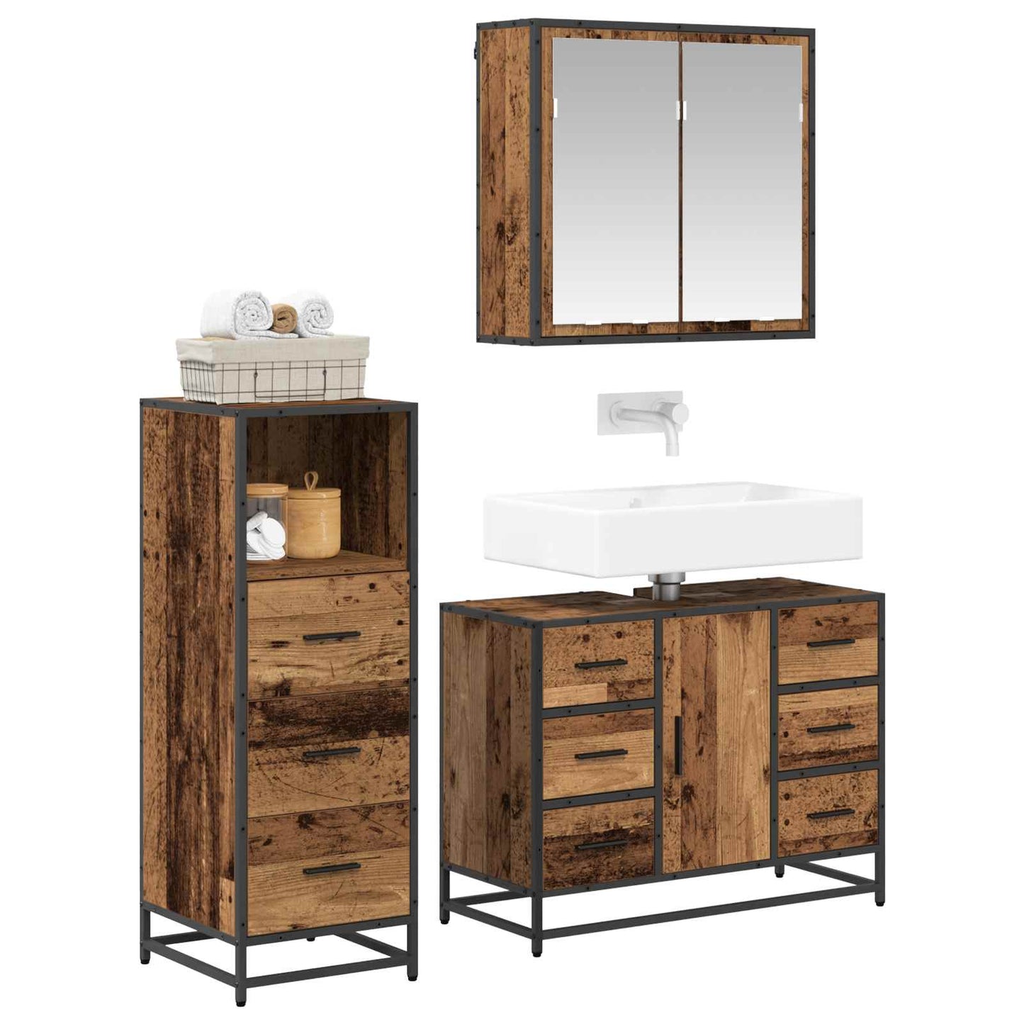 Bathroom Furniture Set with Door 3 pcs Old Wood Engineered Wood