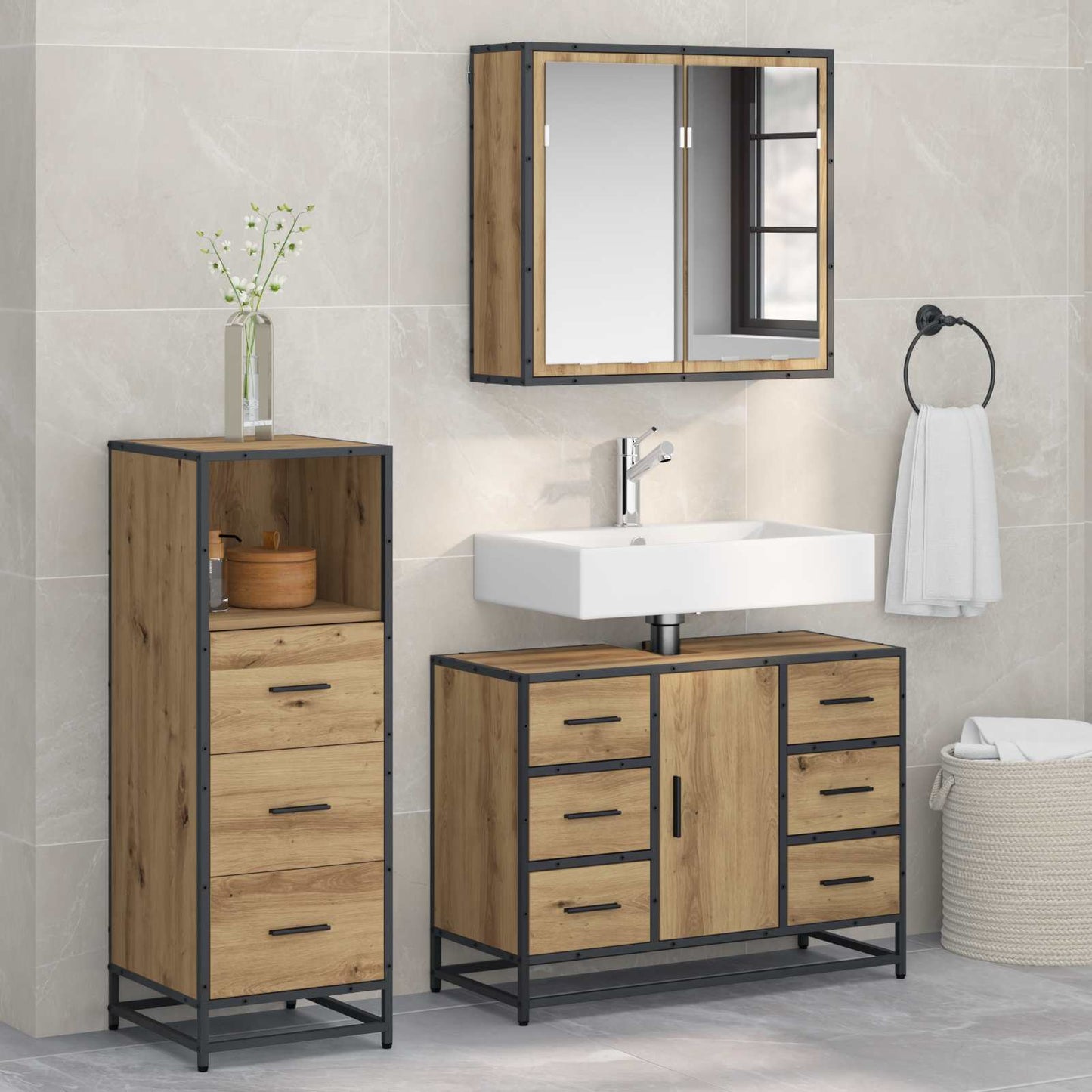 Bathroom Furniture Set 3 pcs Artisan Oak Engineered Wood