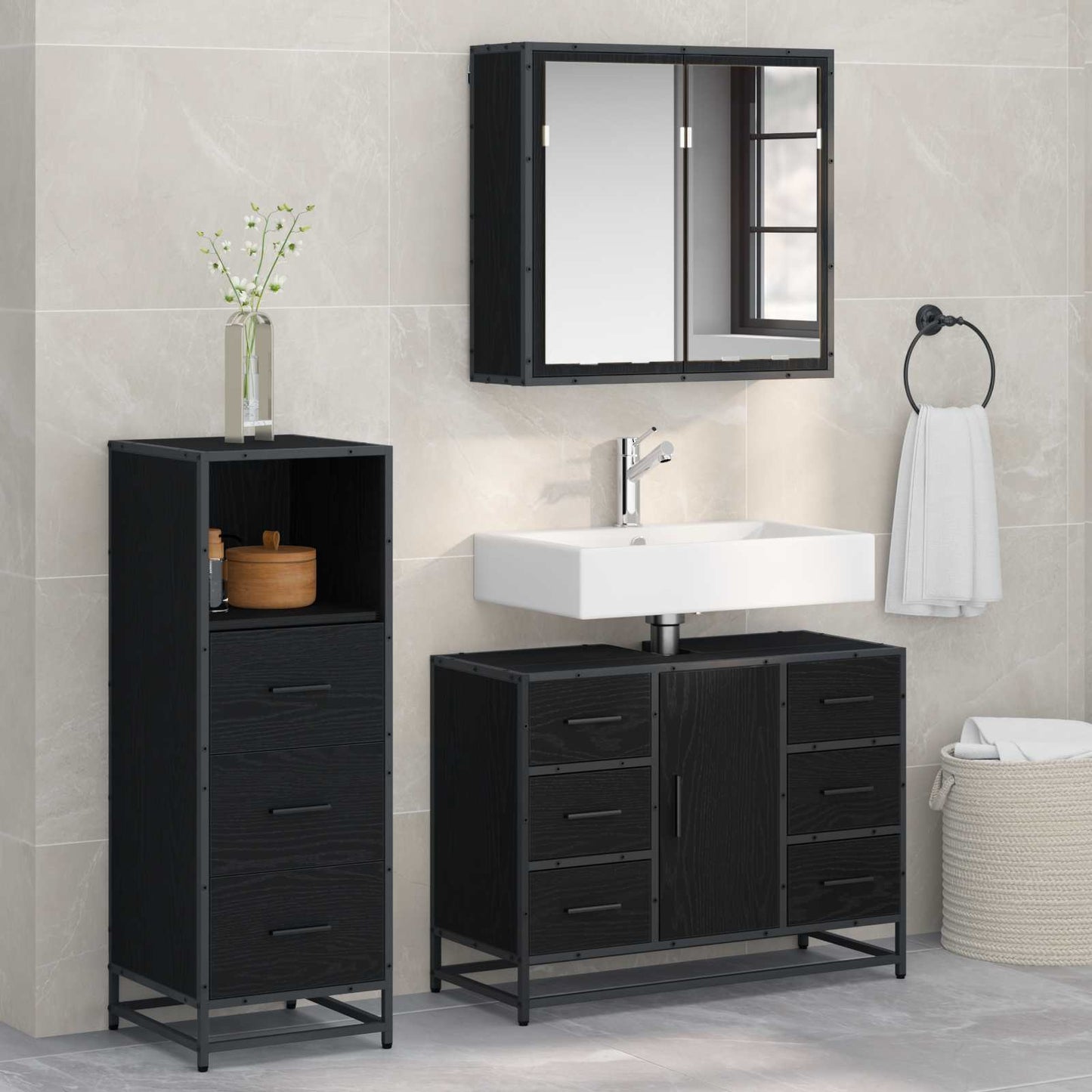 Bathroom Furniture Set 3 pcs Black Oak Engineered Wood