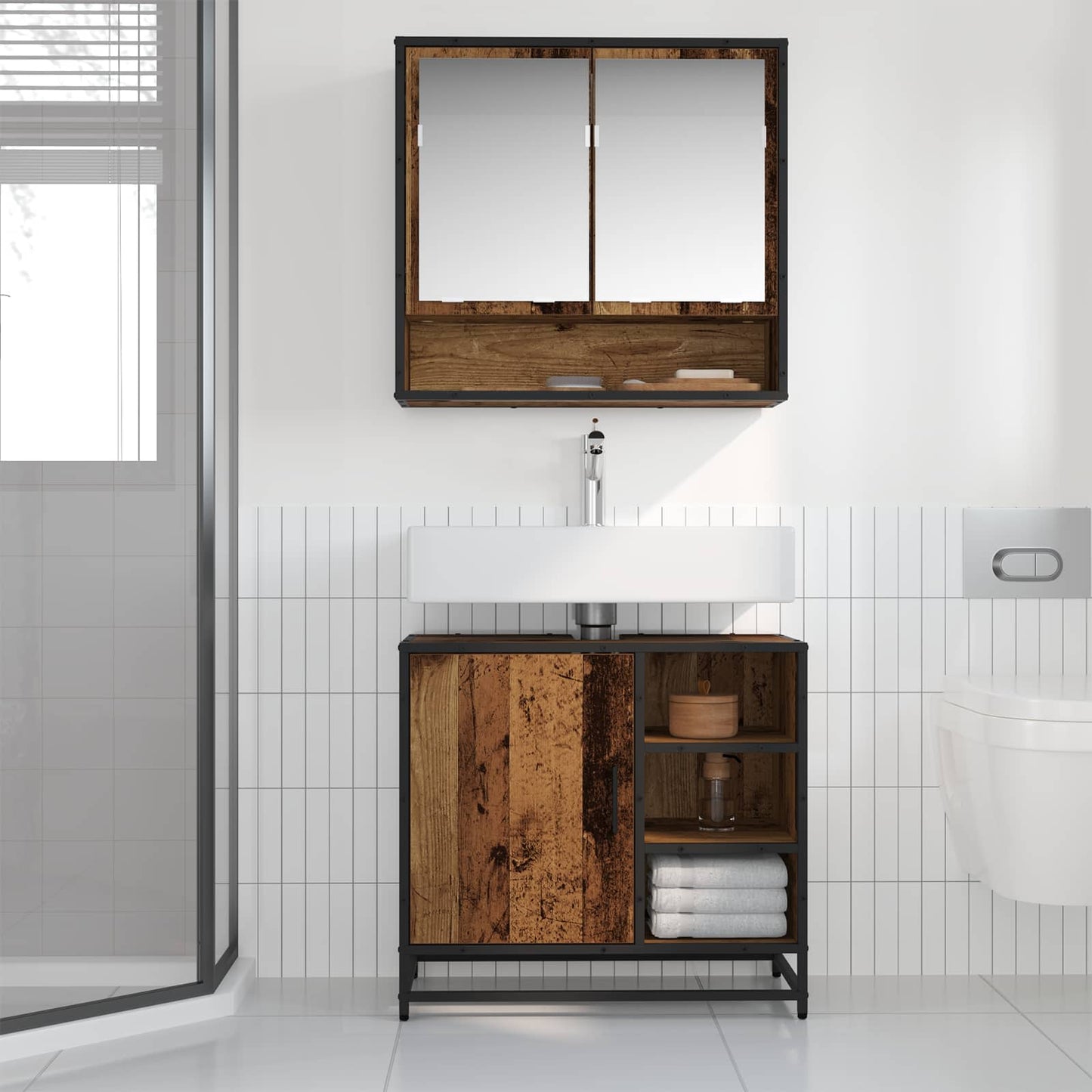 Bathroom Furniture Set with Door 2 pcs Old Wood Engineered Wood