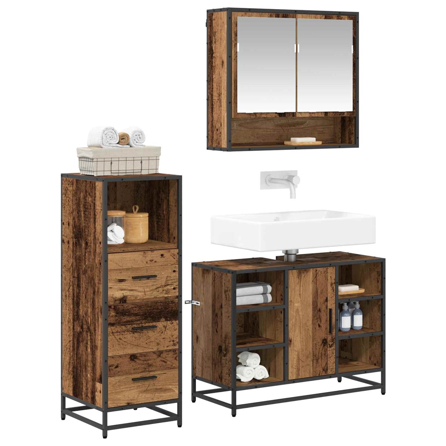 Bathroom Furniture Set with Door 3 pcs Old Wood Engineered Wood