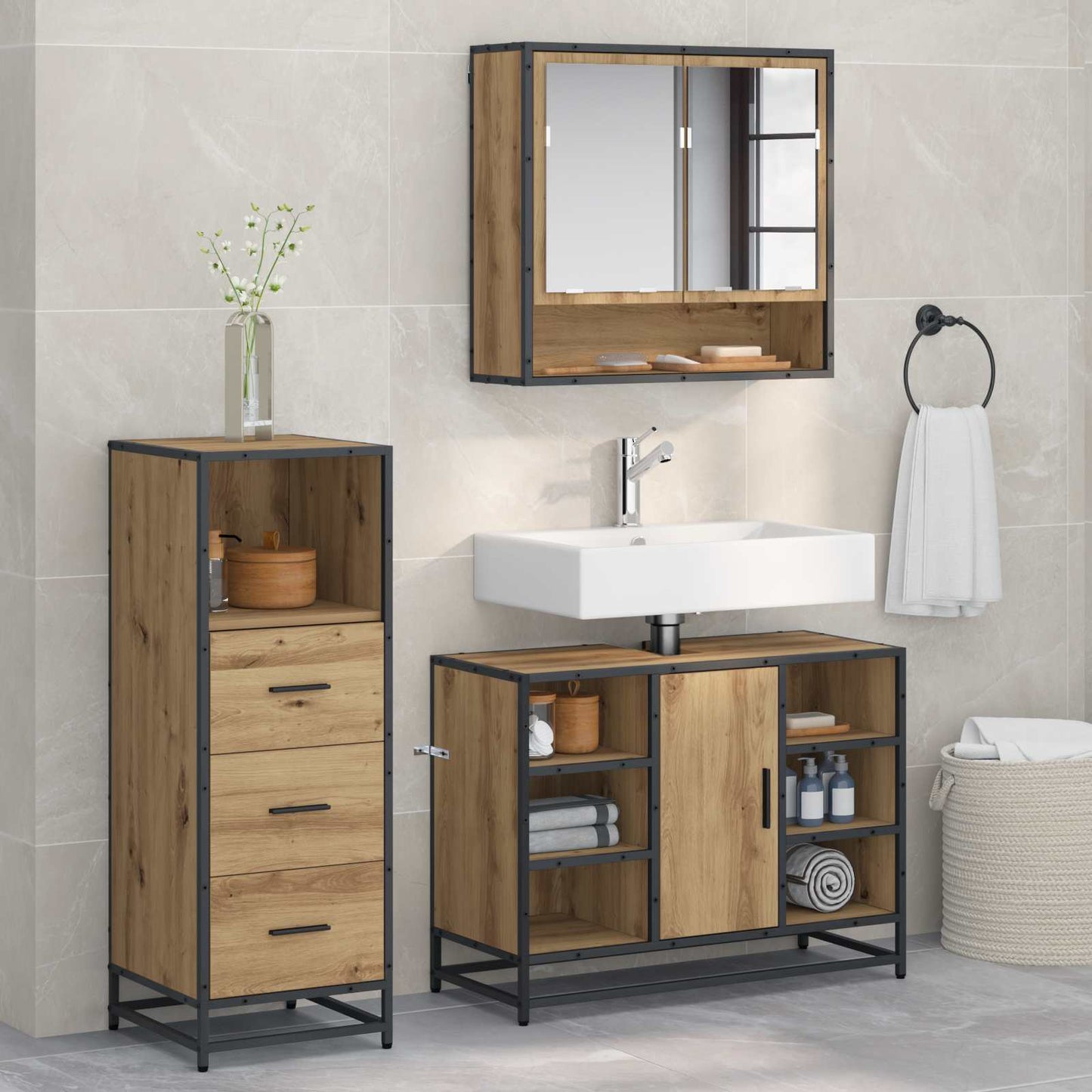 Bathroom Furniture Set 3 pcs Artisan Oak Engineered Wood