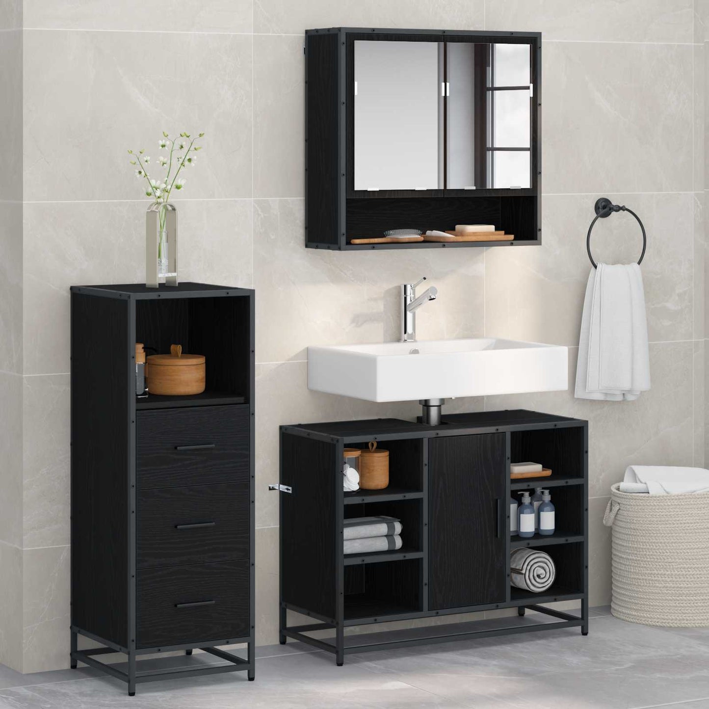 Bathroom Furniture Set 3 pcs Black Oak Engineered Wood