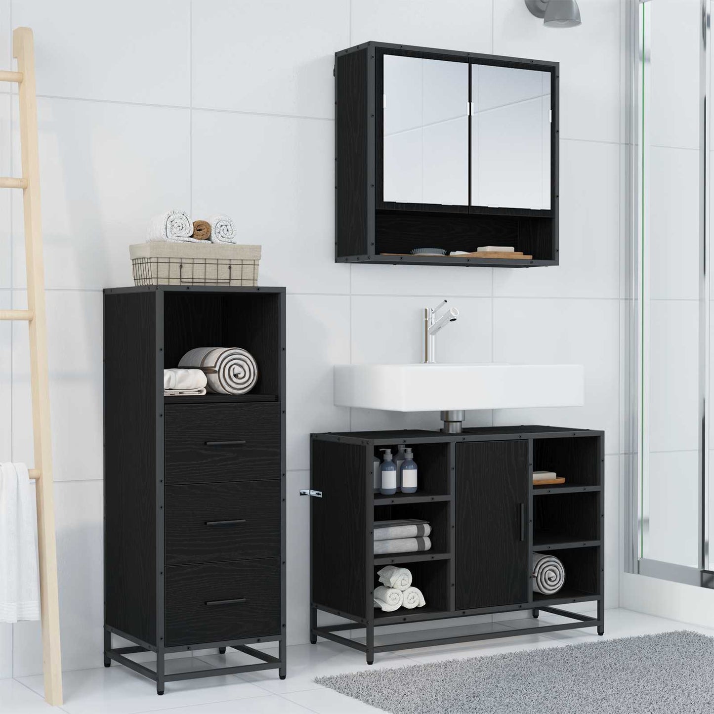 Bathroom Furniture Set 3 pcs Black Oak Engineered Wood