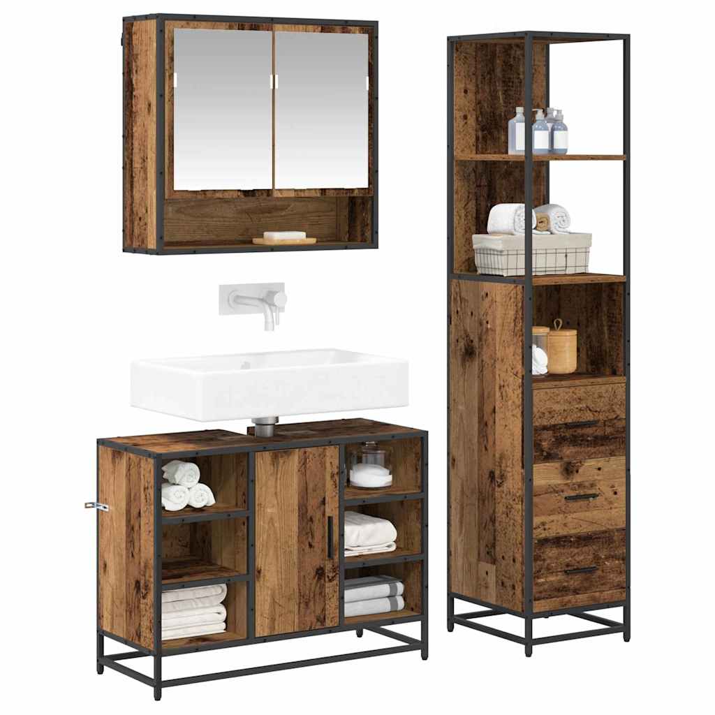 Bathroom Furniture Set with Door 3 pcs Old Wood Engineered Wood