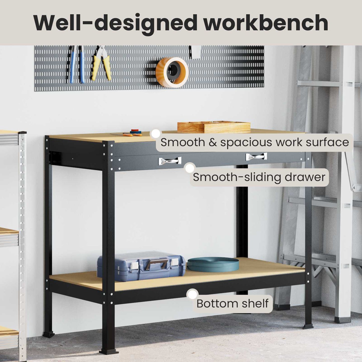 Workbench Black 114 x 54 x 91 cm Engineered Wood and Metal