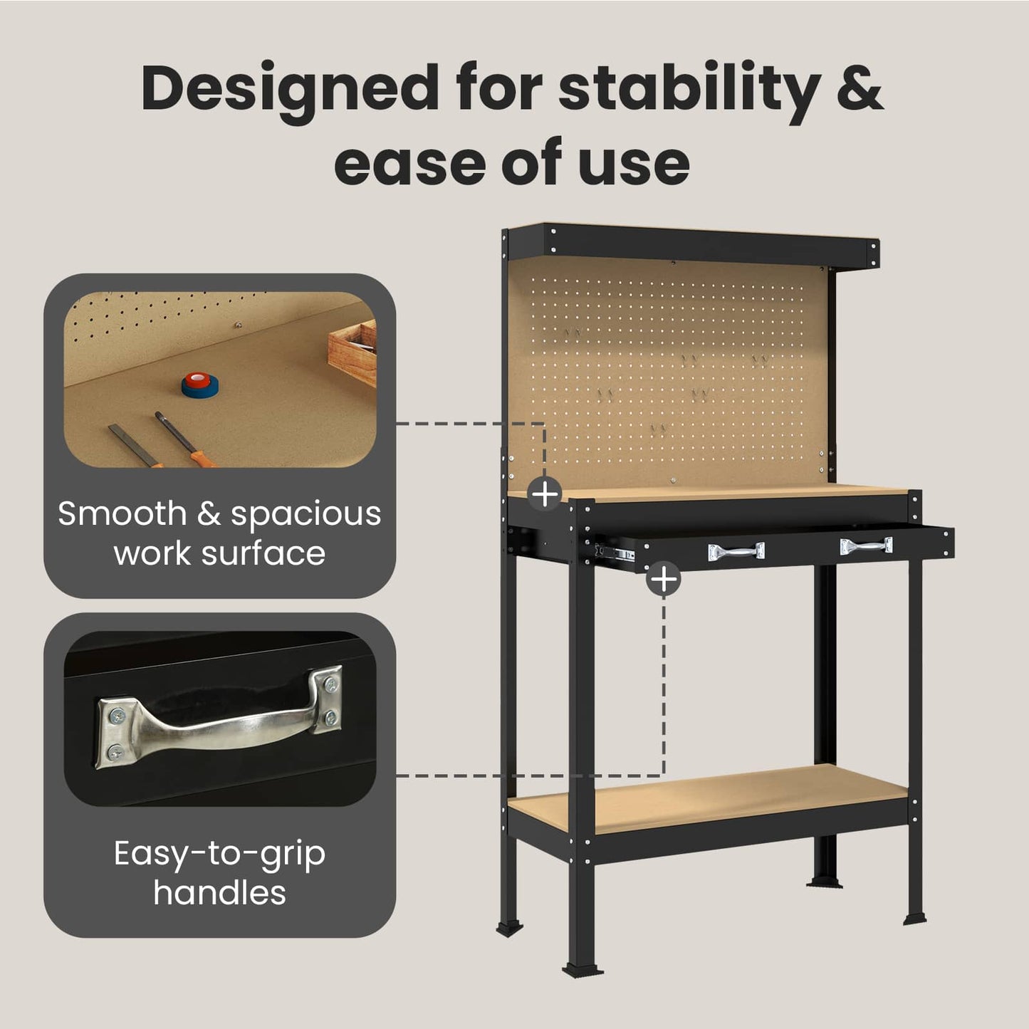 Workbench Black 81 x 41 x 145 cm Engineered Wood and Metal