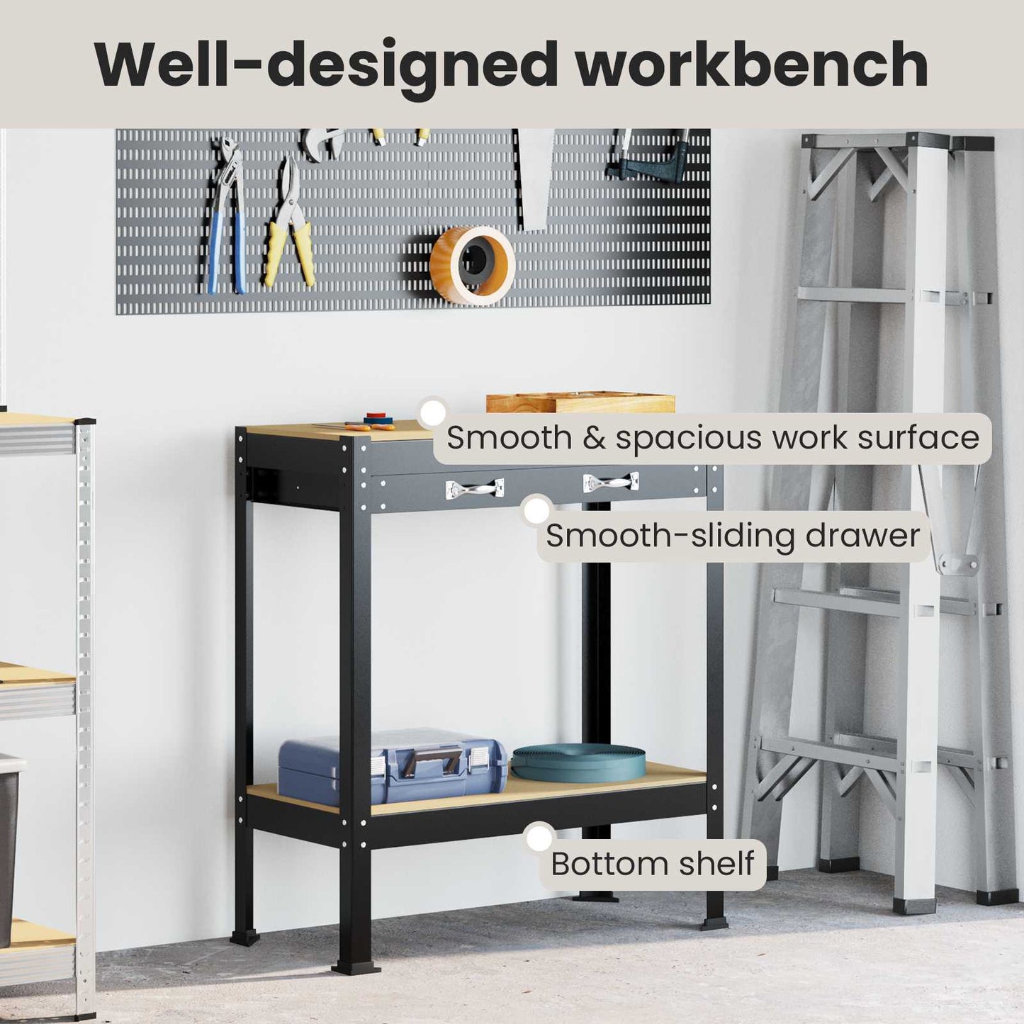 Workbench Black 80 x 40 x 91 cm Engineered Wood and Metal