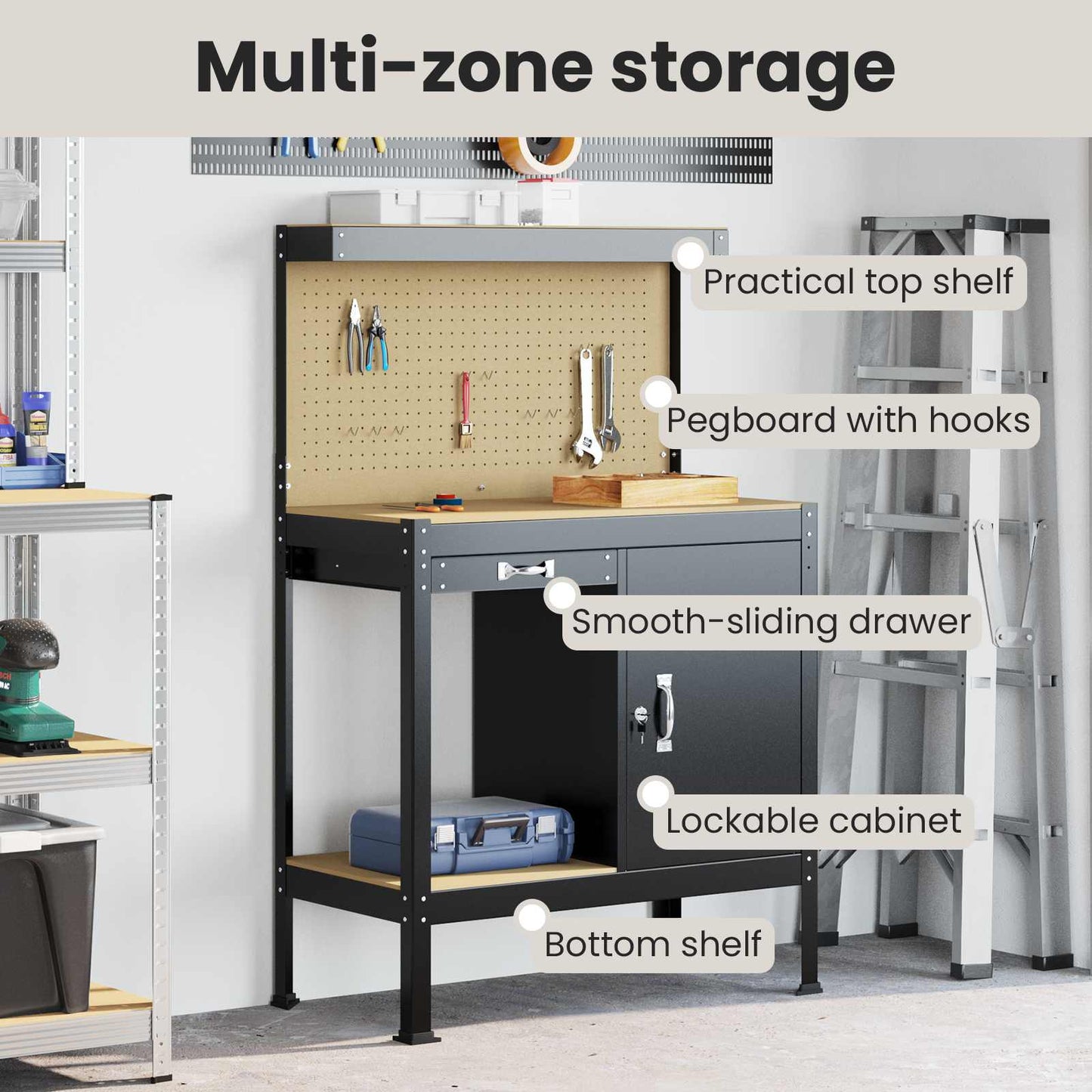 Workbench Black 90 x 49 x 141 cm Engineered Wood and Metal