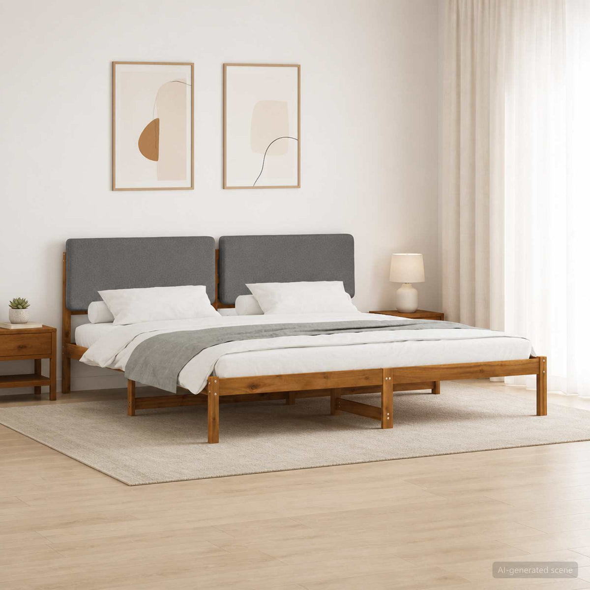 Bed Frame with Upholstered Headboard Natural and Light Grey