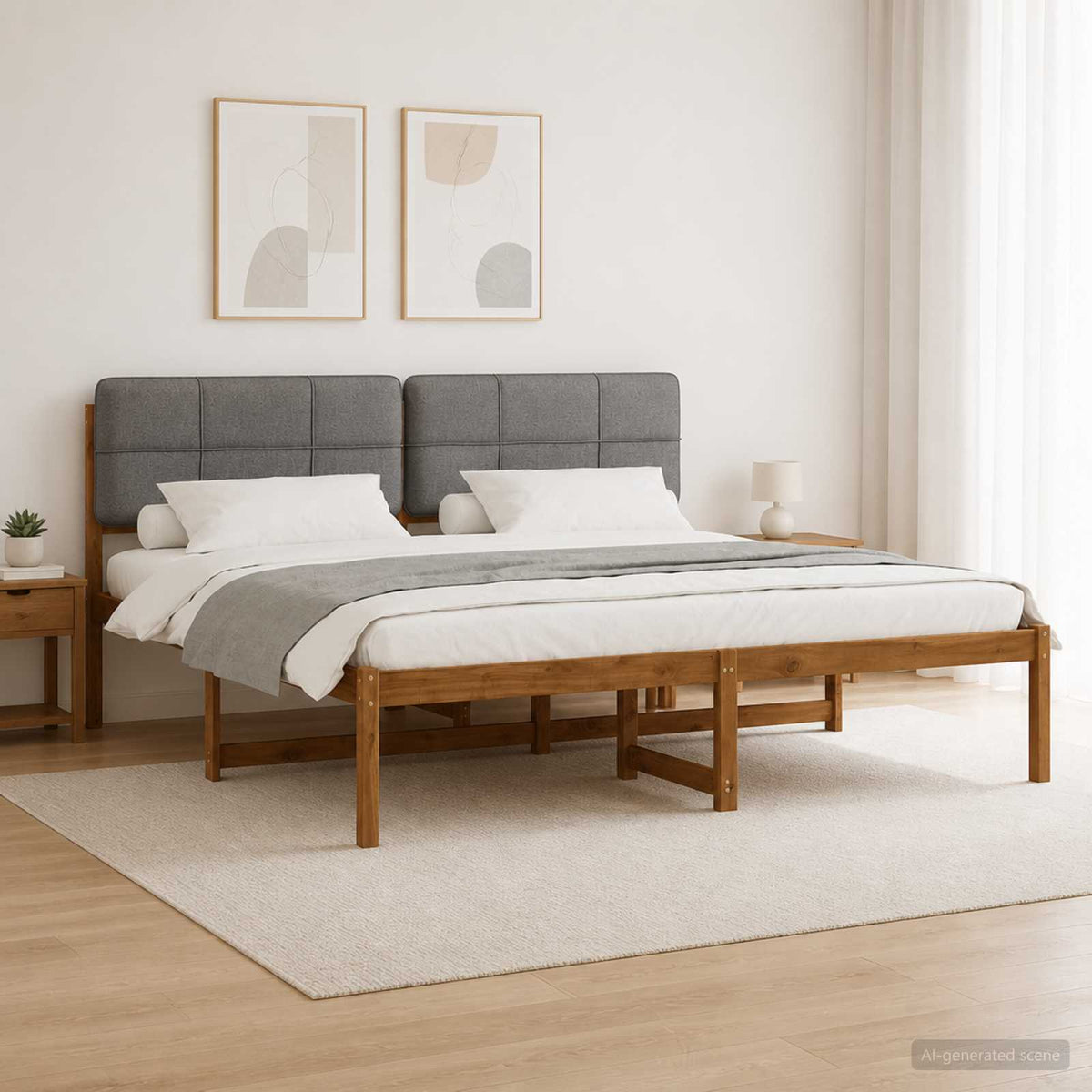 Bed Frame with Upholstered Headboard Natural and Light Grey