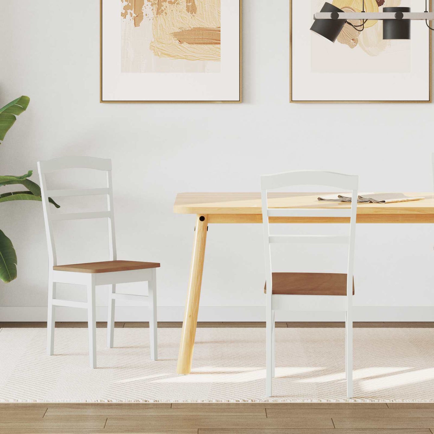 Dining Chair 2 pcs White and Natural Solid Rubber Wood