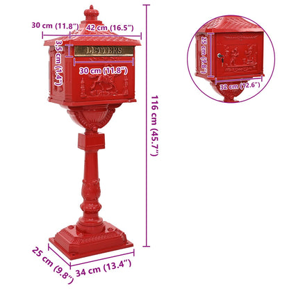 Standing Mailbox Red 42.5 x 29.5 x 117 cm Cast Aluminum