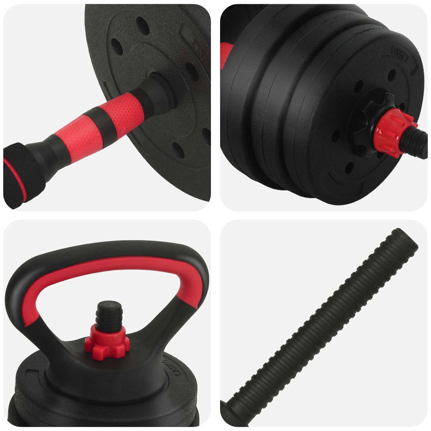 4-in-1 Dumbbell Barbell Kettlebell Set 20 kg Black and Red