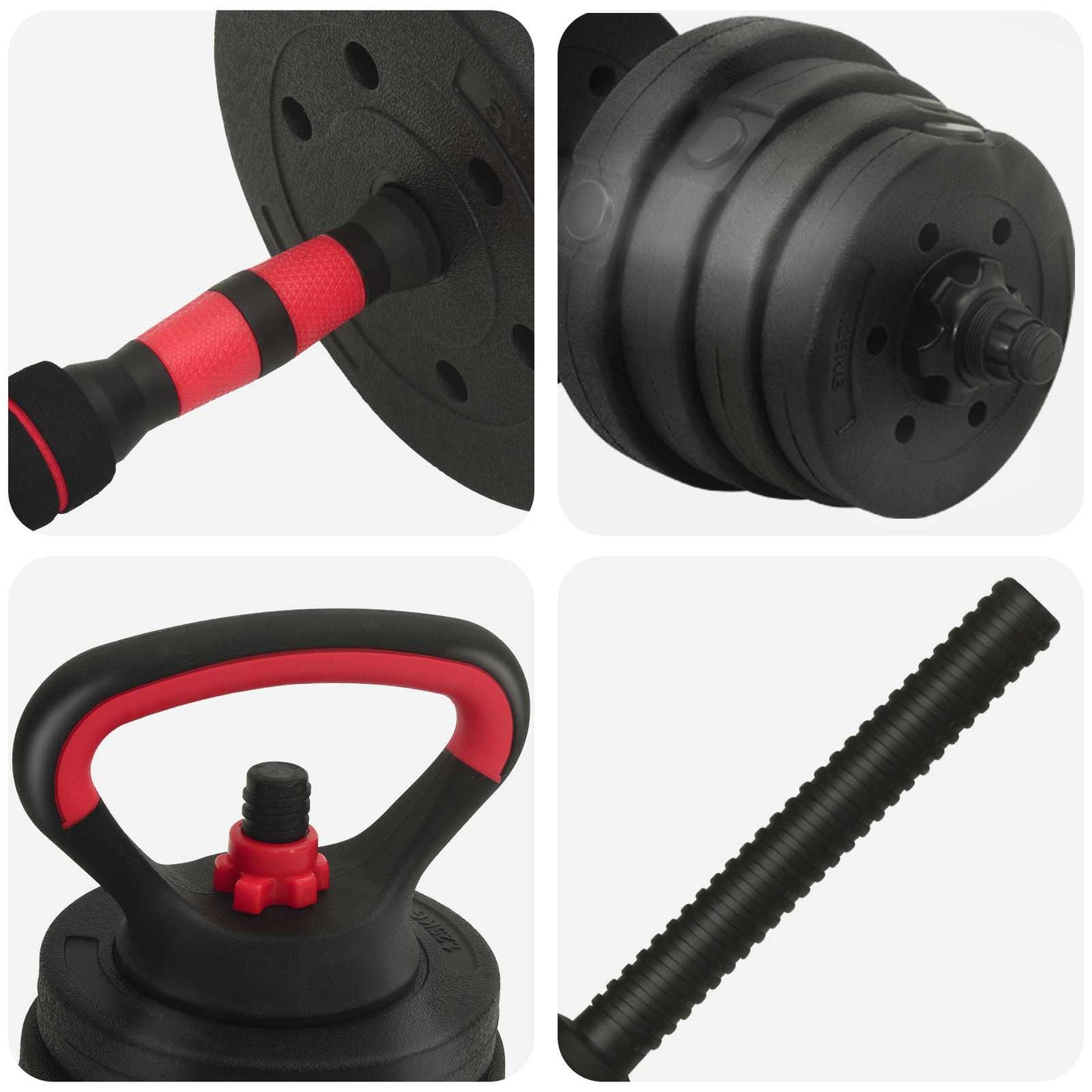 4-in-1 Dumbbell Barbell Kettlebell Set 30 kg Black and Red