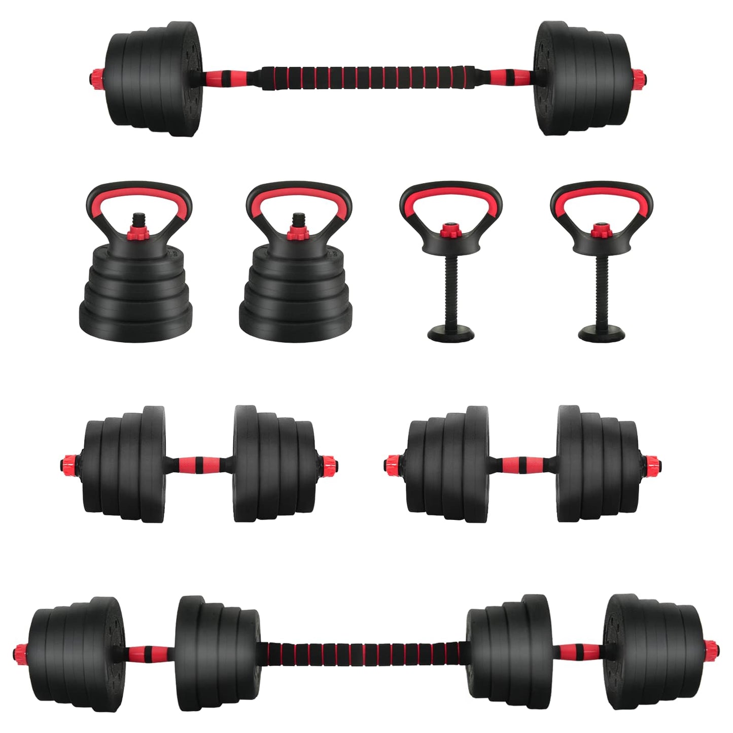 4-in-1 Dumbbell Barbell Kettlebell Set 30 kg Black and Red