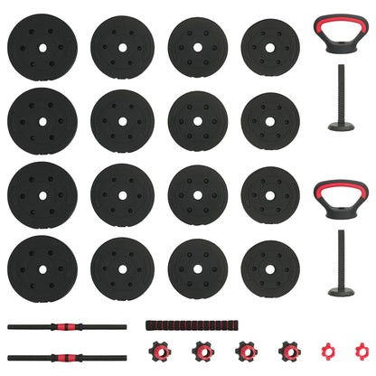 4-in-1 Dumbbell Barbell Kettlebell Set 30 kg Black and Red