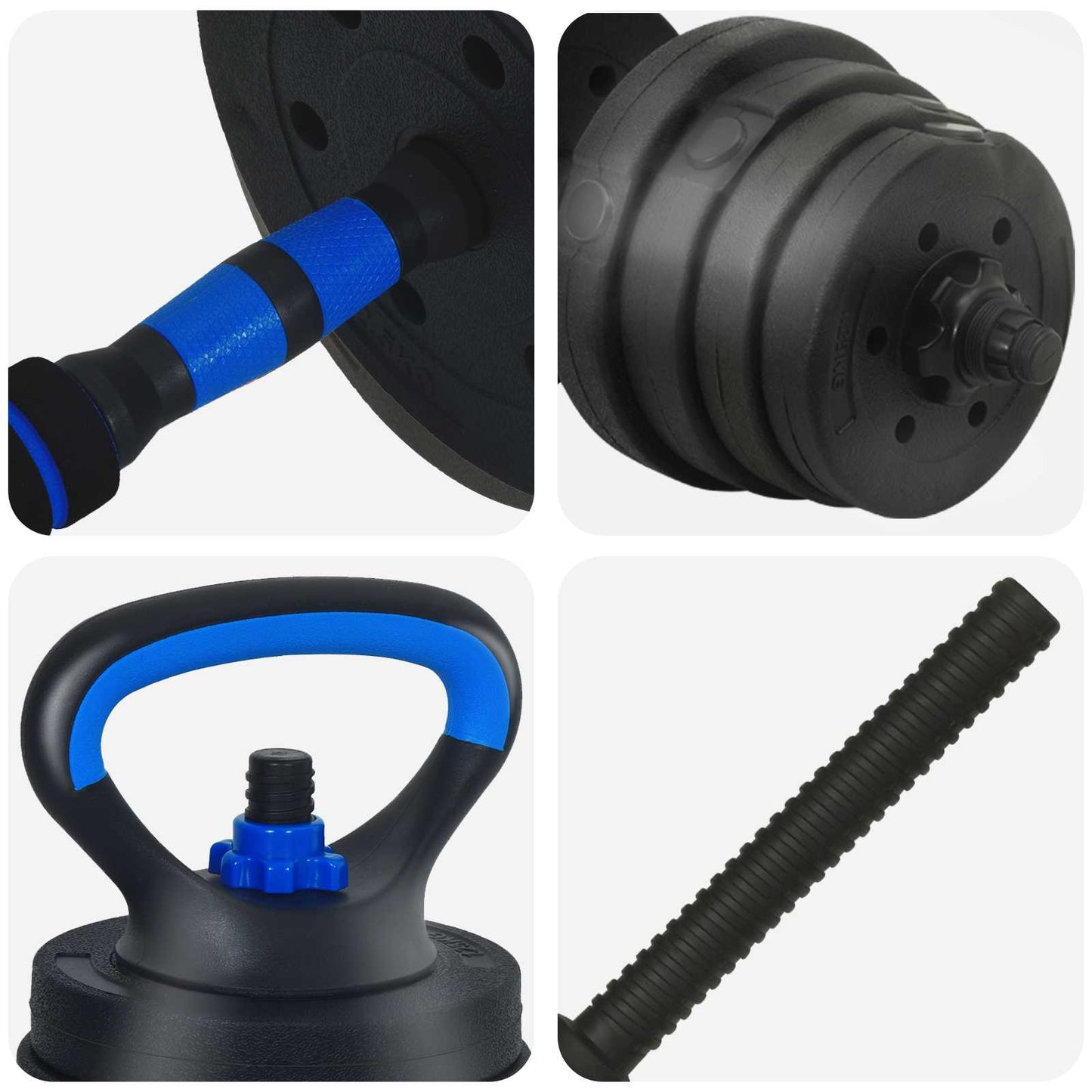 4-in-1 Dumbbell Barbell Kettlebell Set 30 kg Black and Blue