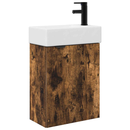 Bathroom Vanity Unit with Tap Smoked Oak 45.5 x 22.5 x 84 cm