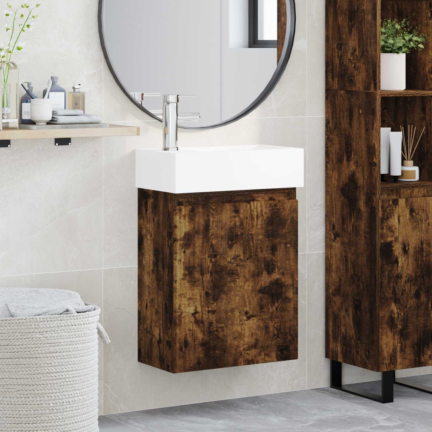 Bathroom Vanity Unit with Tap Smoked Oak 45.5 x 22.5 x 84 cm