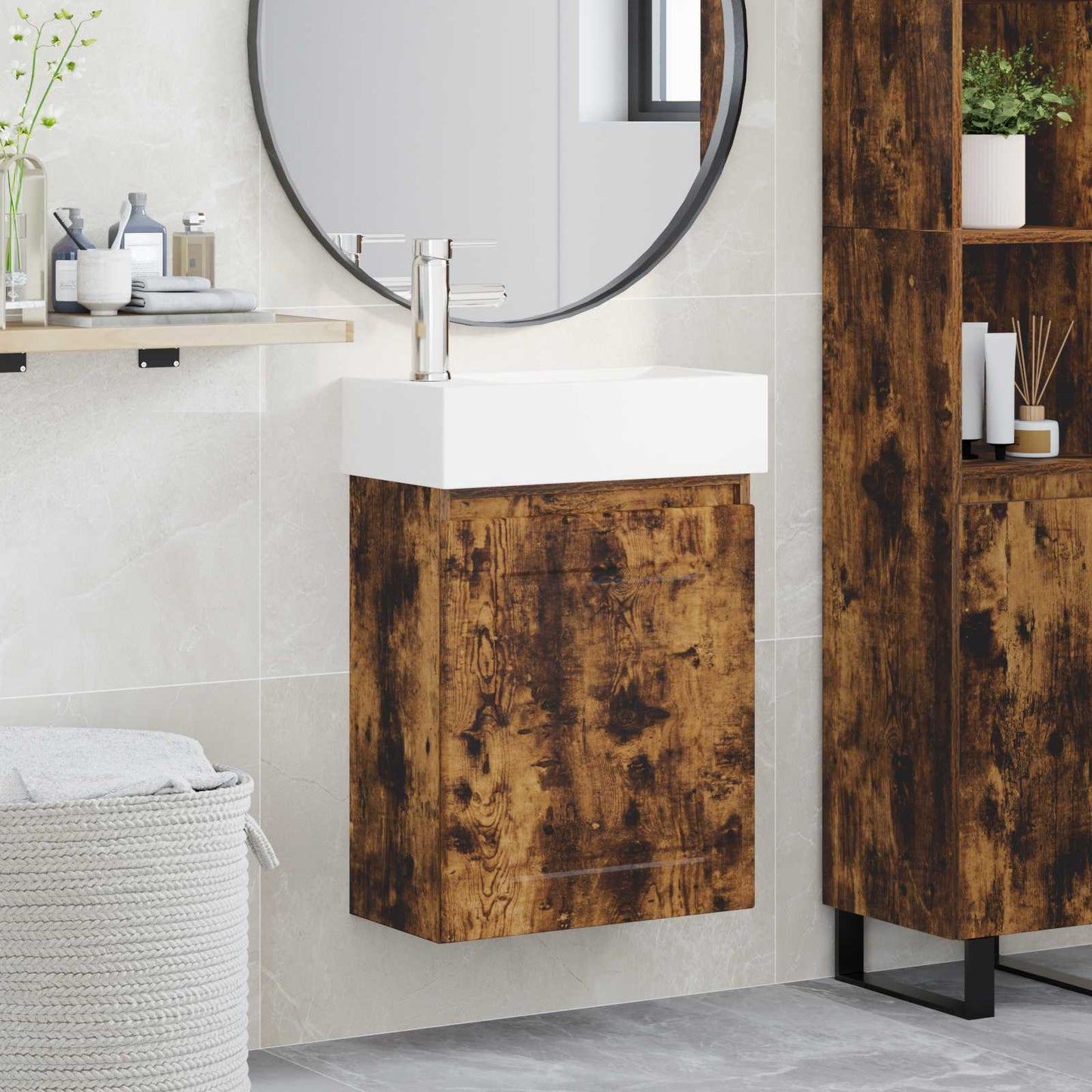 Bathroom Vanity Unit with Tap Smoked Oak 45.5 x 22.5 x 84 cm