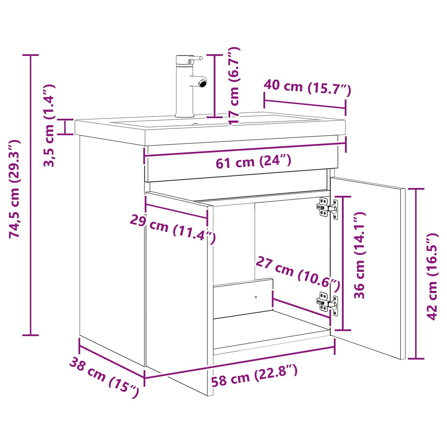 Bathroom Vanity Unit with Tap Sonoma Oak 61 x 40 x 74.5 cm