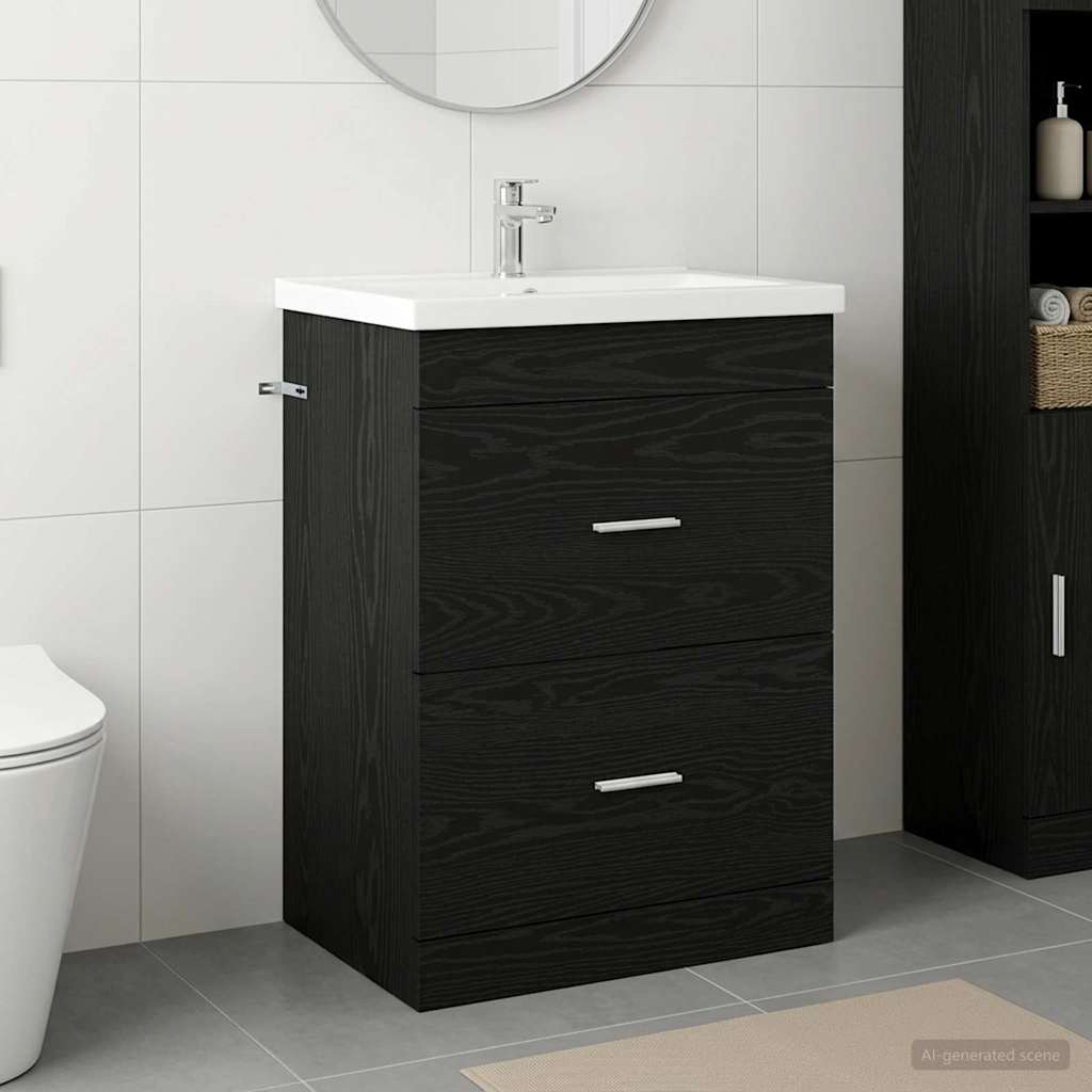 Bathroom Under Sink Cabinet Black Oak 56 x 37.5 x 81 cm