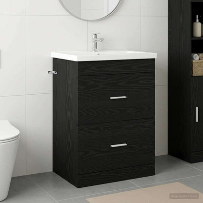 Bathroom Under Sink Cabinet Black Oak 56 x 37.5 x 81 cm